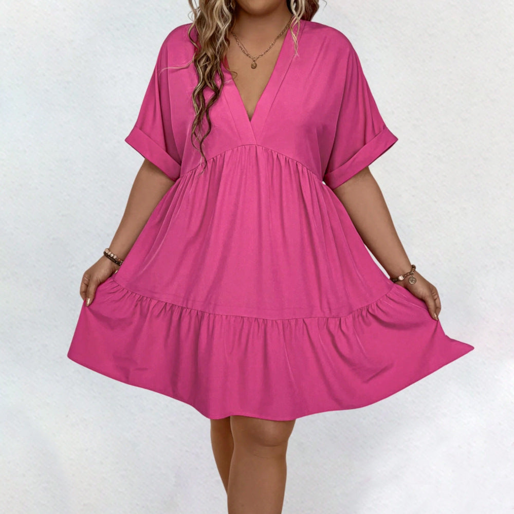 Plus Size Sweet Fresh Niche Midi Dress Spring Solid Color V Neck Slimming Short Sleeve Dress