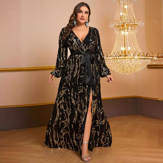 Plus Size Women Prom Party Dress Sequined Cross V neck Long Sleeve Dress Including Belt