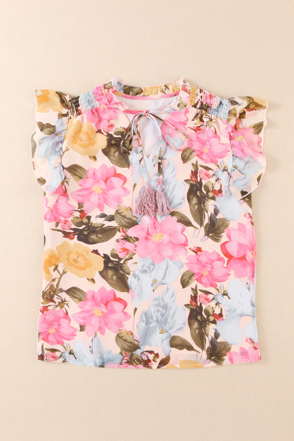 Floral Print Tassel Tie Short Sleeve Blouse