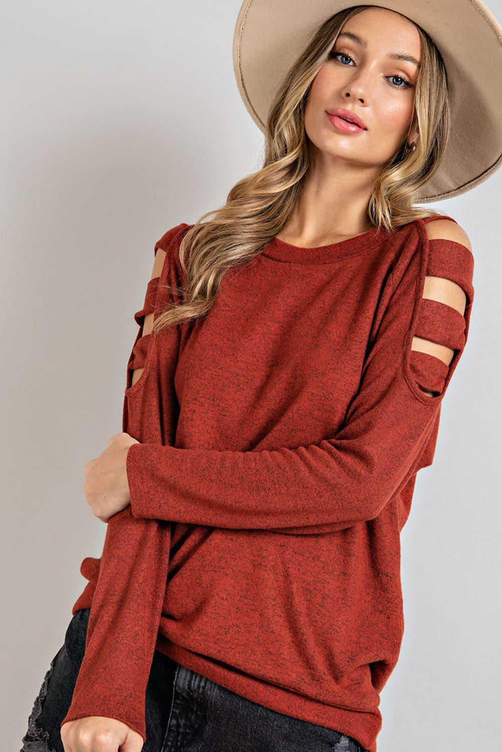 Burnt Orange Cutout Cold Shoulder Long Sleeve Top