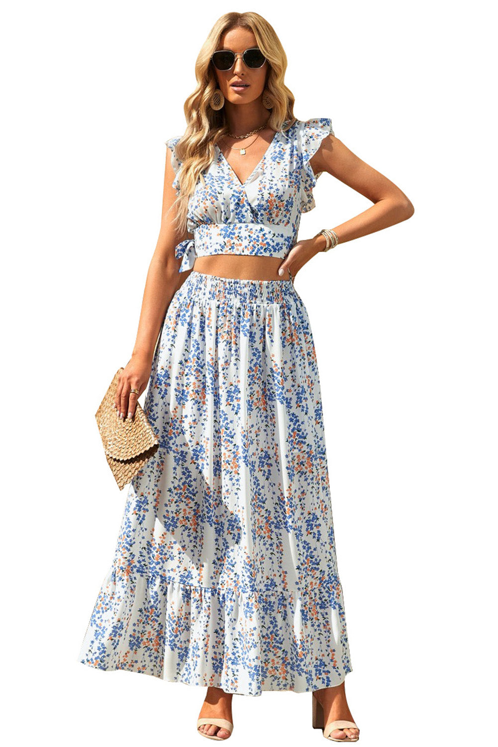 Multicolor Floral Ruffled Crop Top and Maxi Skirt Set