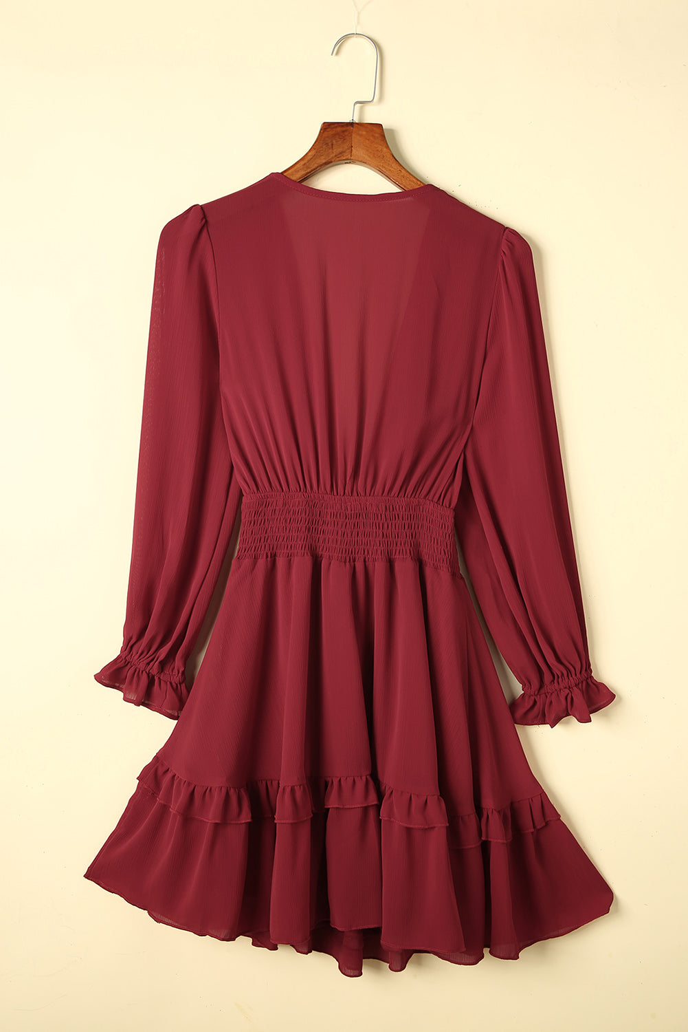 Burgundy Deep V Neck Lantern Sleeve Knotted Tiered Mini Dress