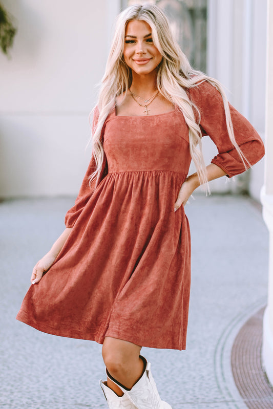 Black Suede Square Neck Puff Sleeve Dress