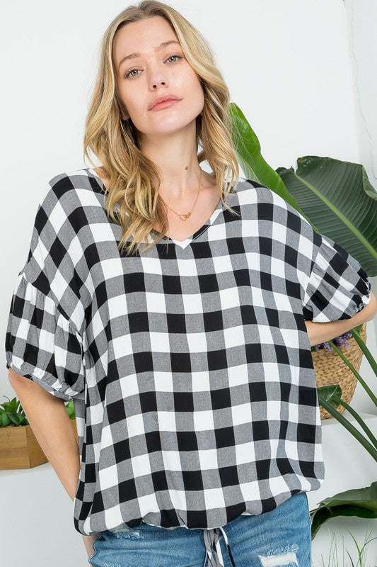 CHECKER PLAID CASUAL BLOUSE TOP