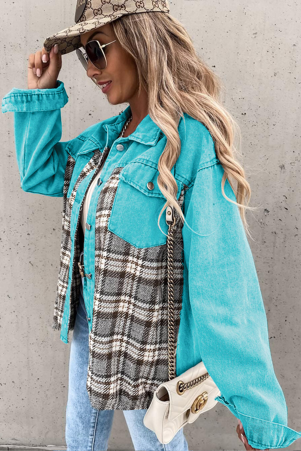 Plaid Patchwork Pockets Denim Jacket