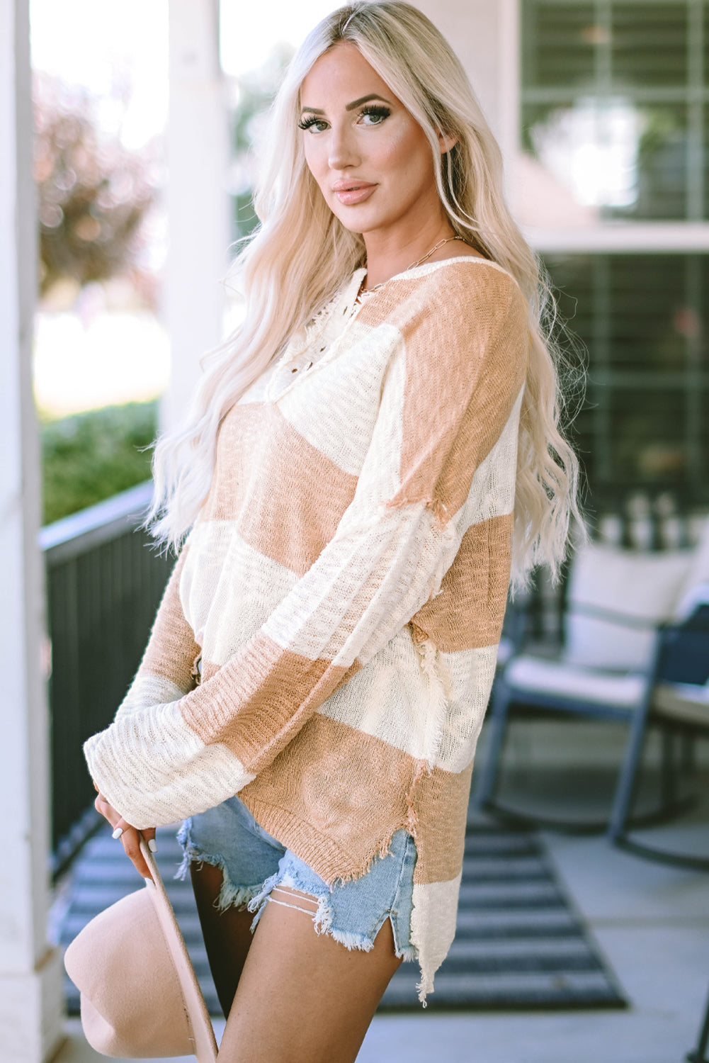 Khaki Oversized Colorblock Frayed High Low Henley Sweater