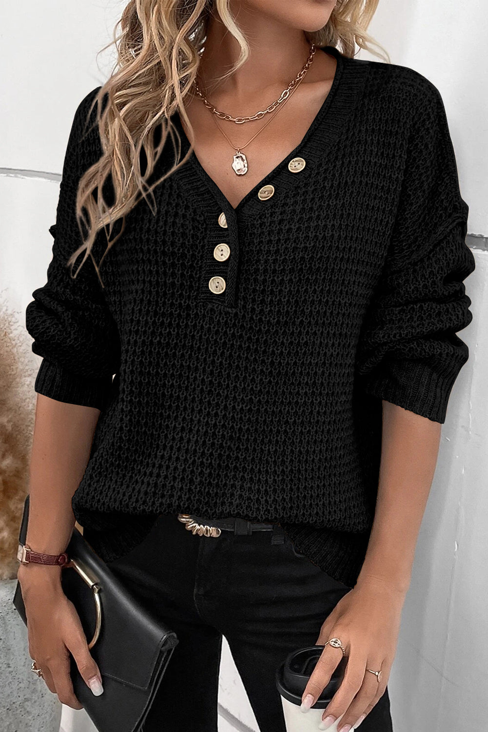 Pointelle Knit Button V Neck Drop Shoulder Sweater