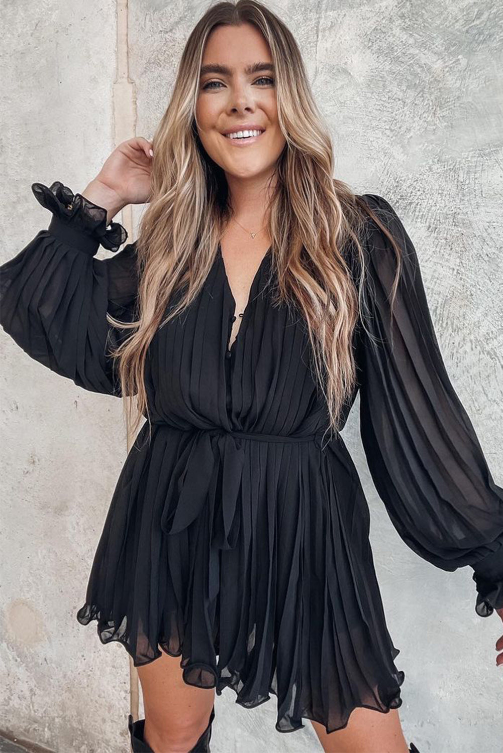 Pleated Ruffled Tie Waist Buttons V Neck Romper