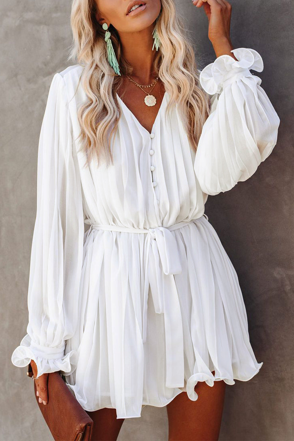 Pleated Ruffled Tie Waist Buttons V Neck Romper