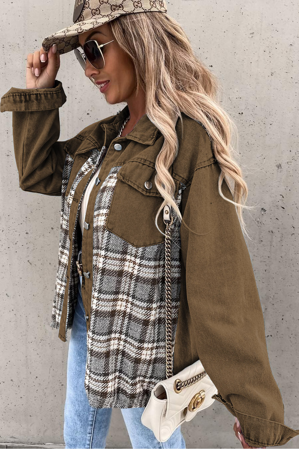 Plaid Patchwork Pockets Denim Jacket