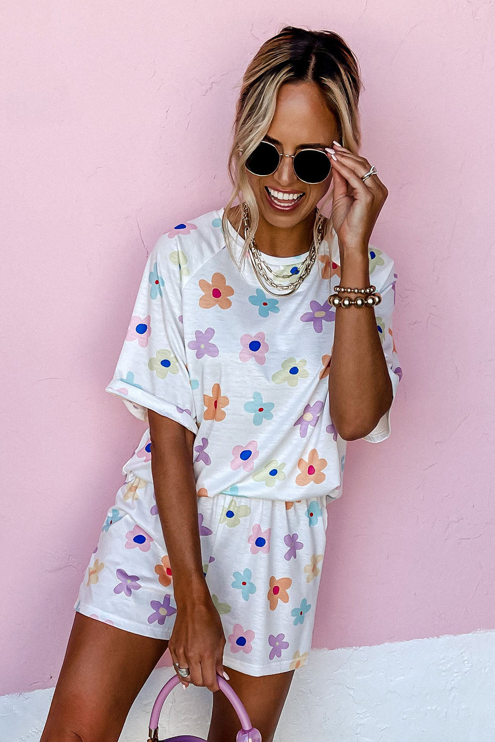 Flower Print Short Sleeve High Waist Two Piece Shorts Set