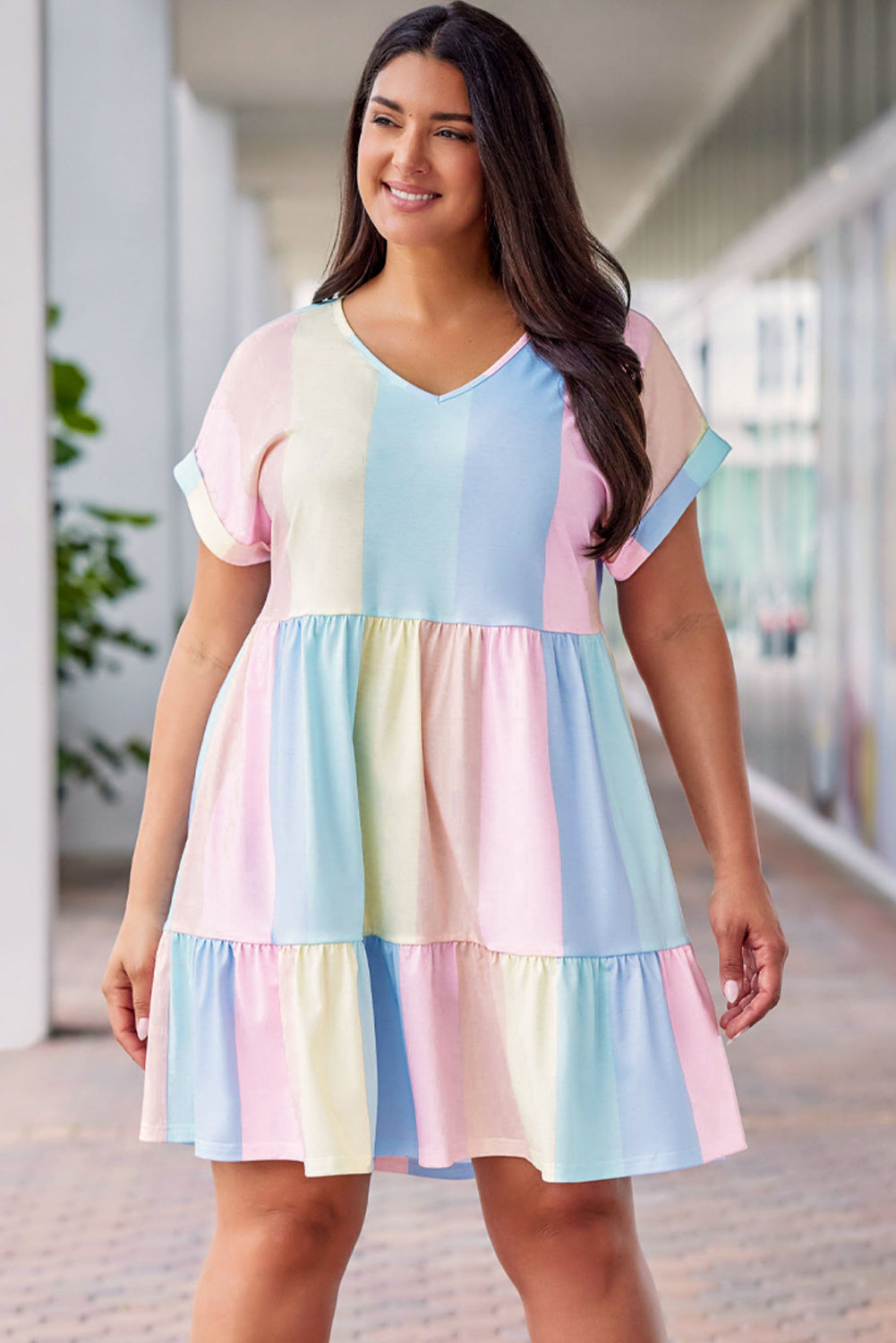 Multicolor Striped Color Block Tiered Mini Dress