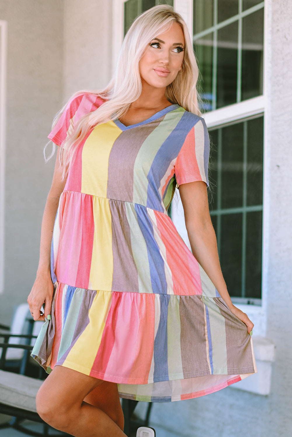 Multicolor Striped Color Block Tiered Mini Dress