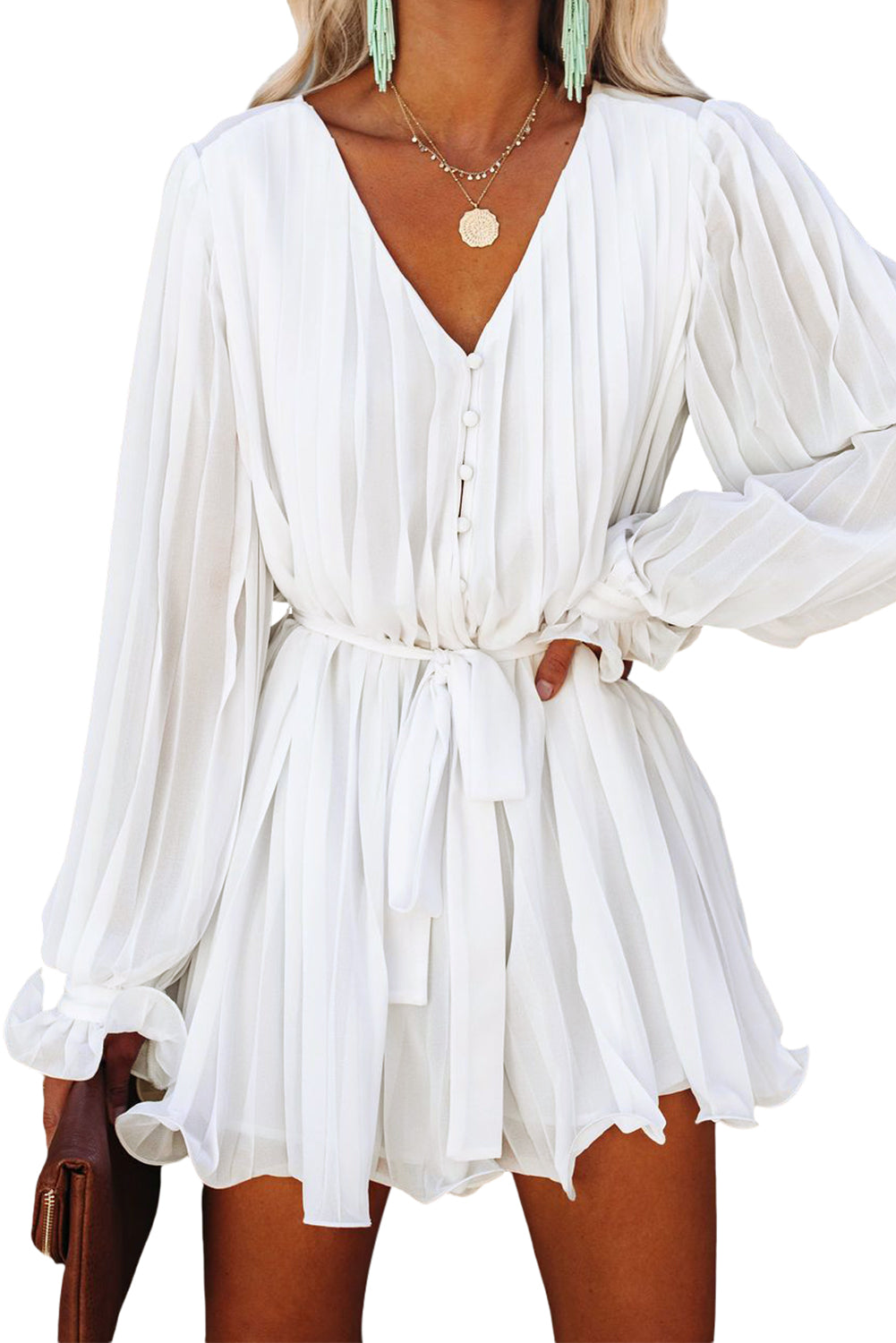 Pleated Ruffled Tie Waist Buttons V Neck Romper