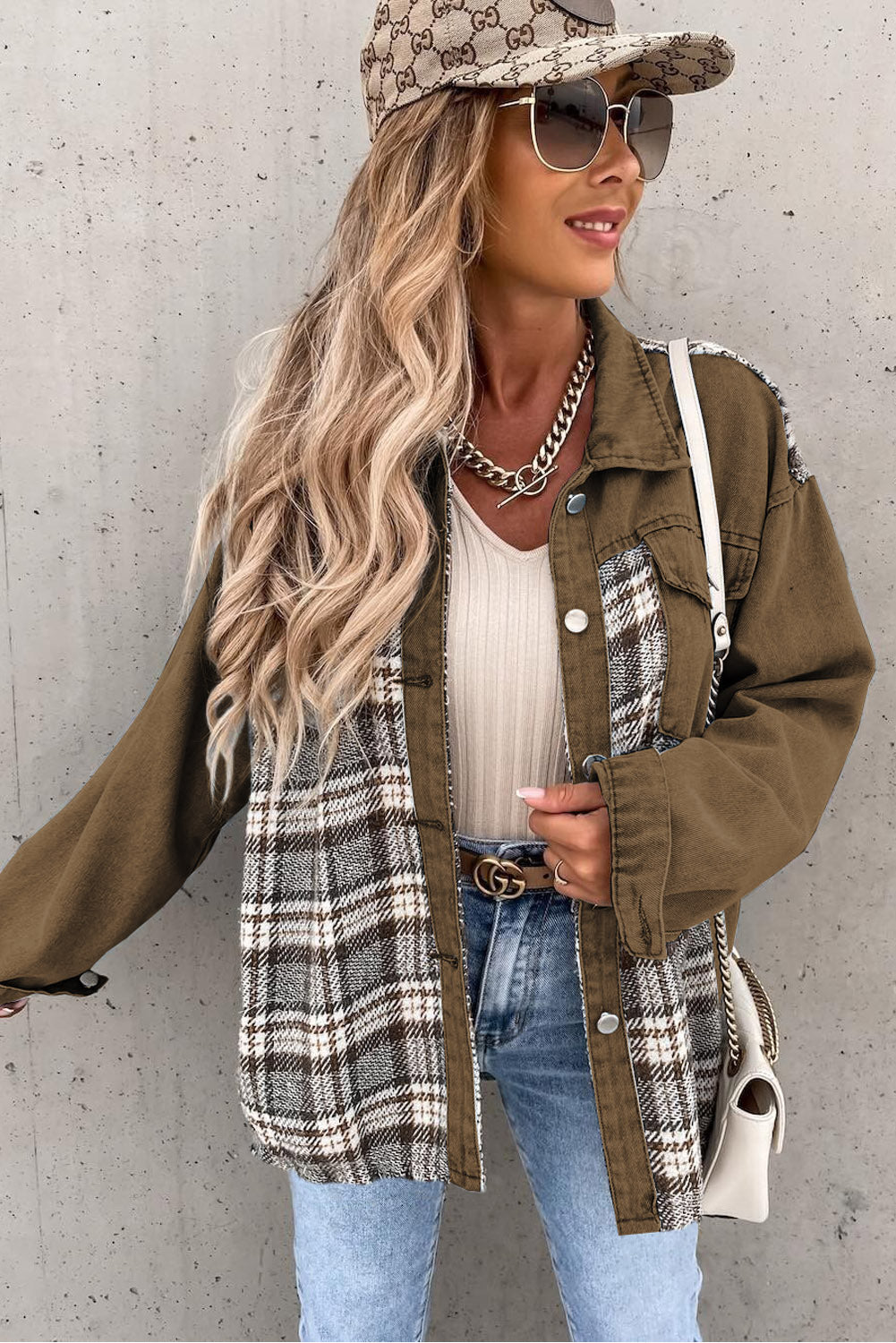 Plaid Patchwork Pockets Denim Jacket