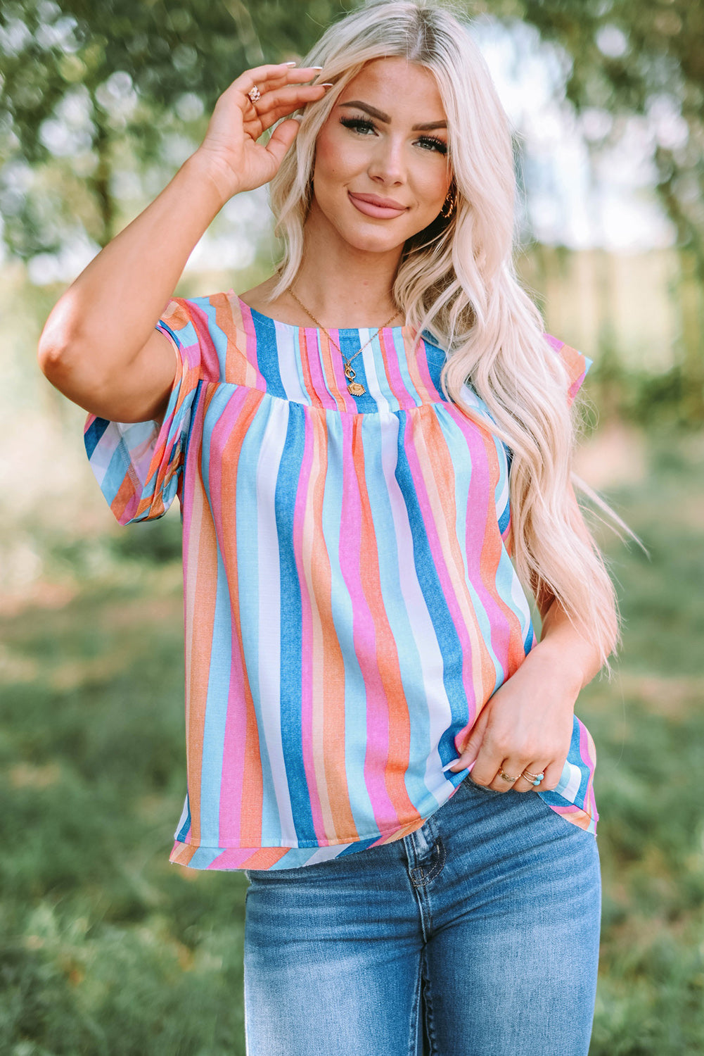 Multicolor Striped Tiered Ruffle Cap Sleeve Top