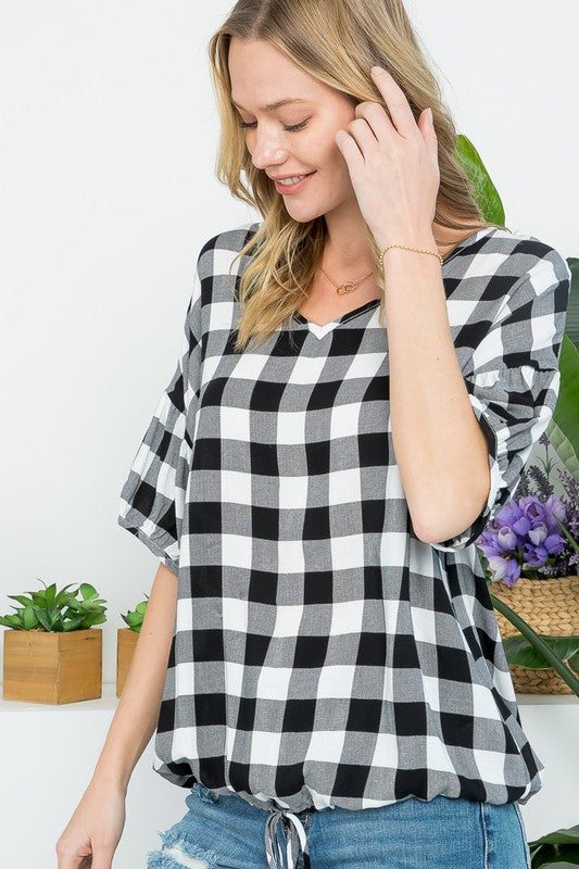 CHECKER PLAID CASUAL BLOUSE TOP