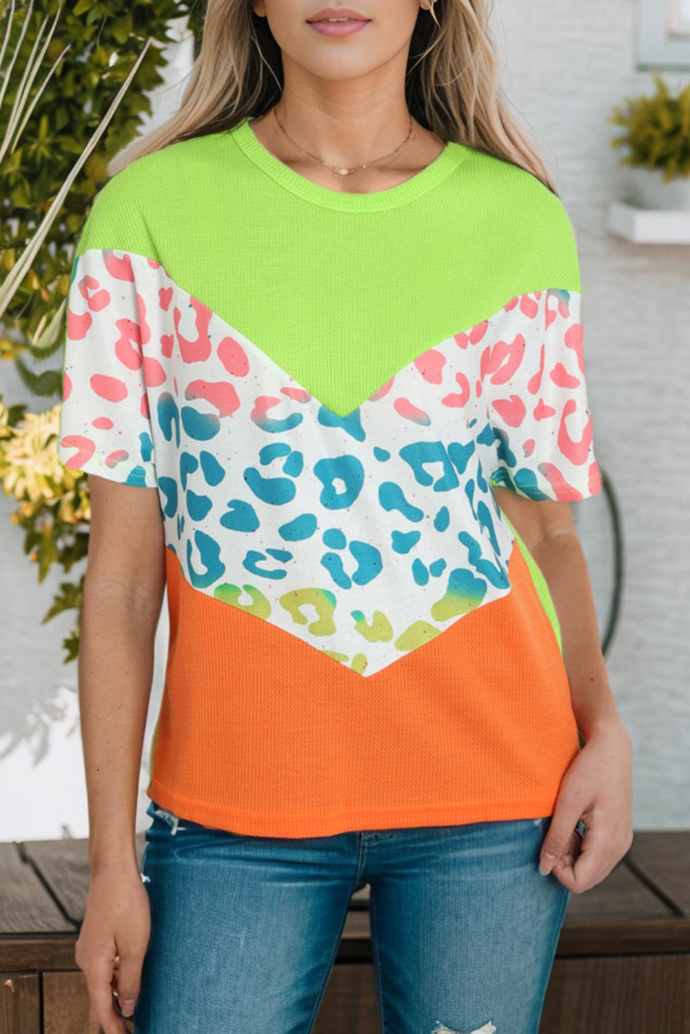 Color Block Leopard Waffle Knit Patchwork T-Shirt