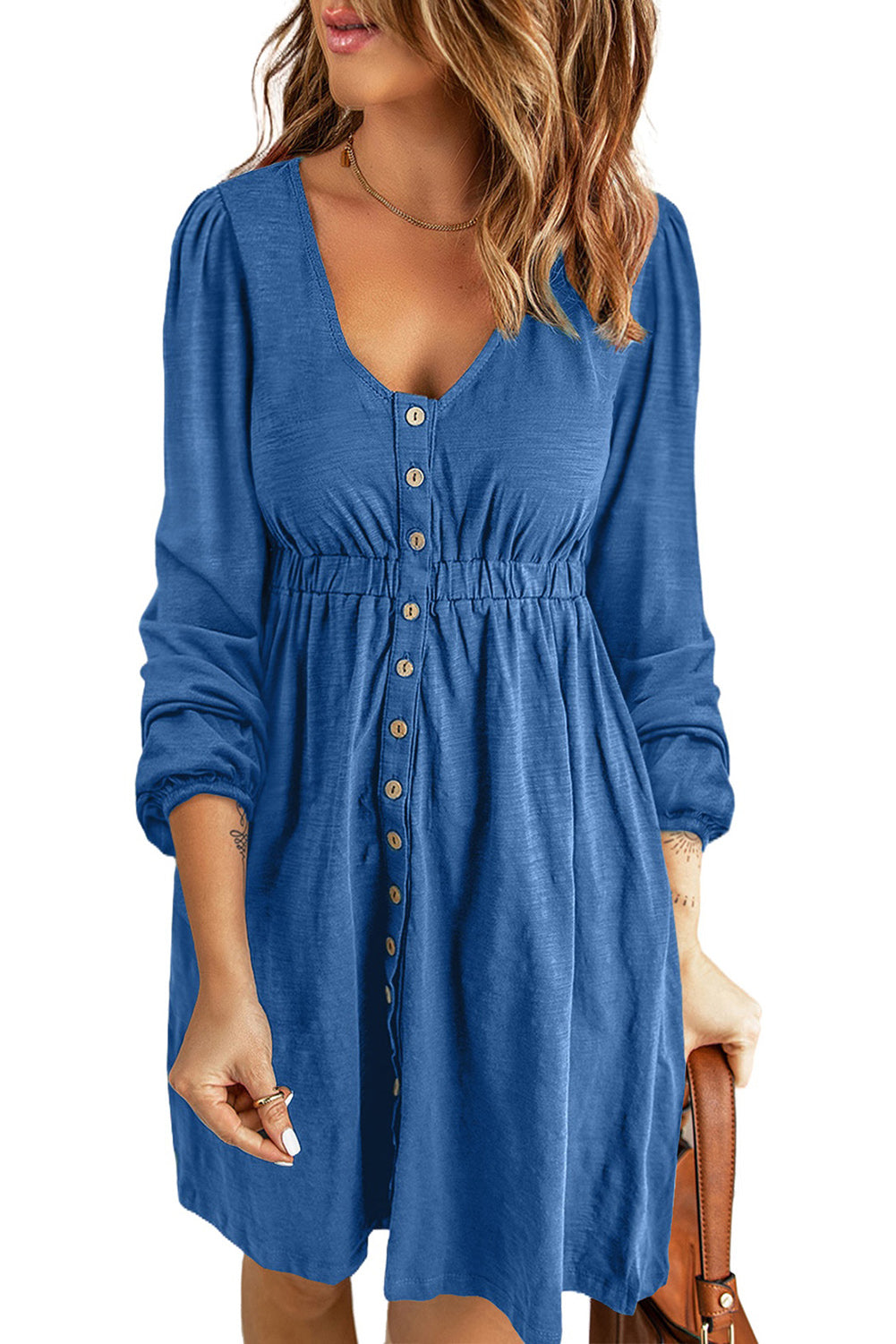 Button Up High Waist Long Sleeve Dress