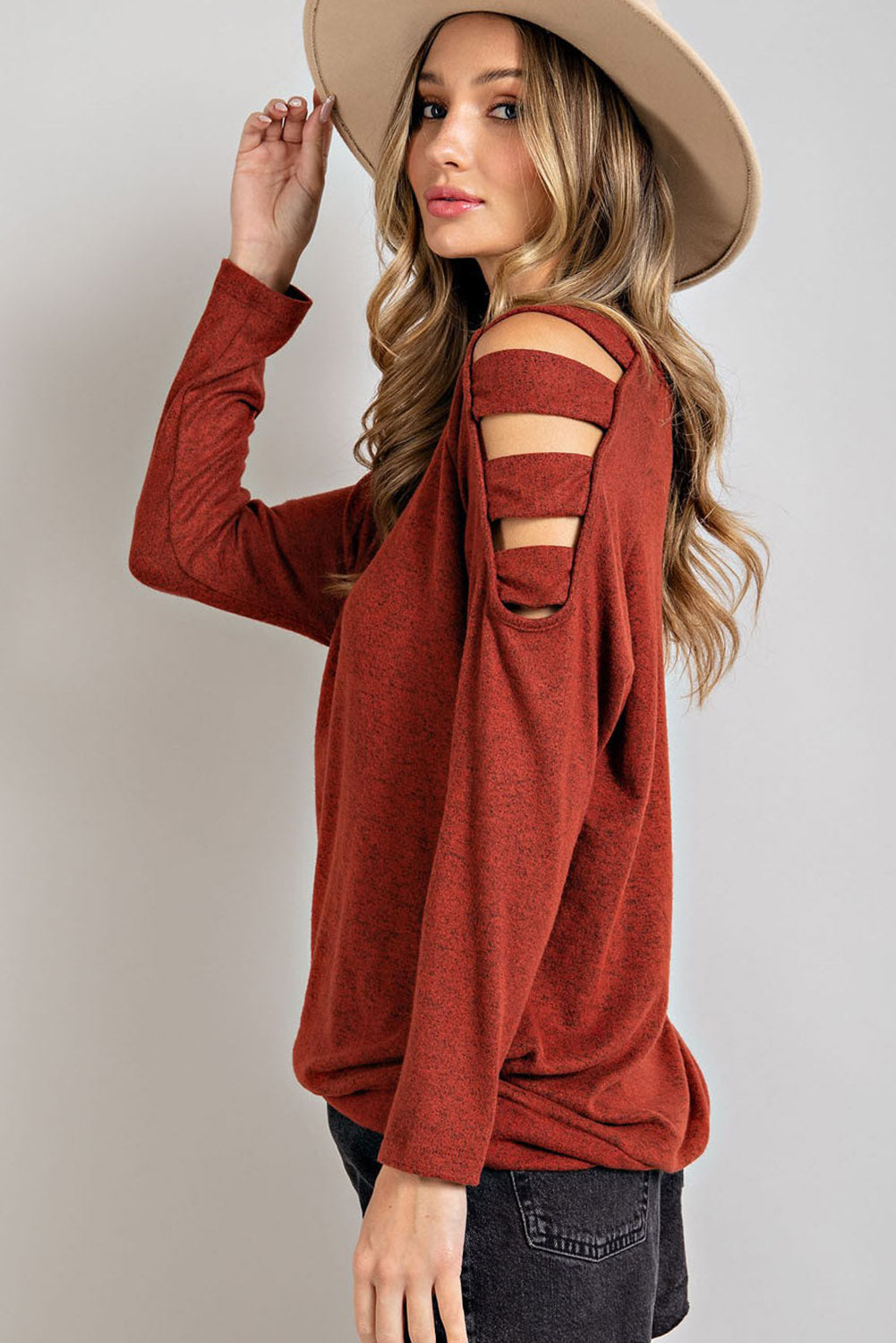 Burnt Orange Cutout Cold Shoulder Long Sleeve Top