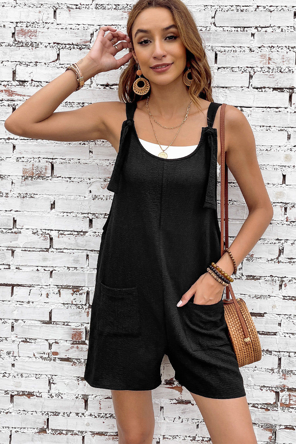 Rose Adjustable Straps Pocketed Textured Romper