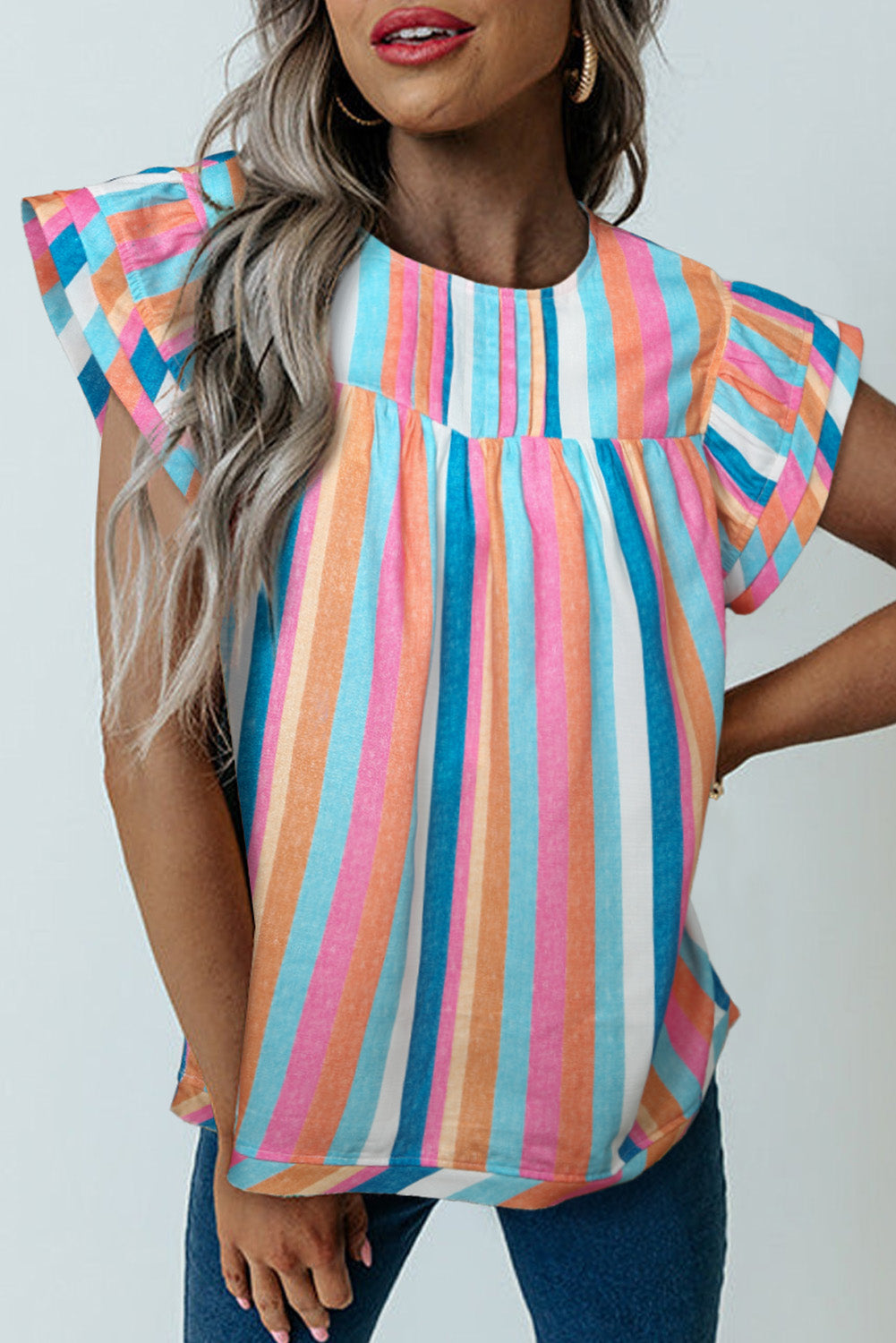 Multicolor Striped Tiered Ruffle Cap Sleeve Top