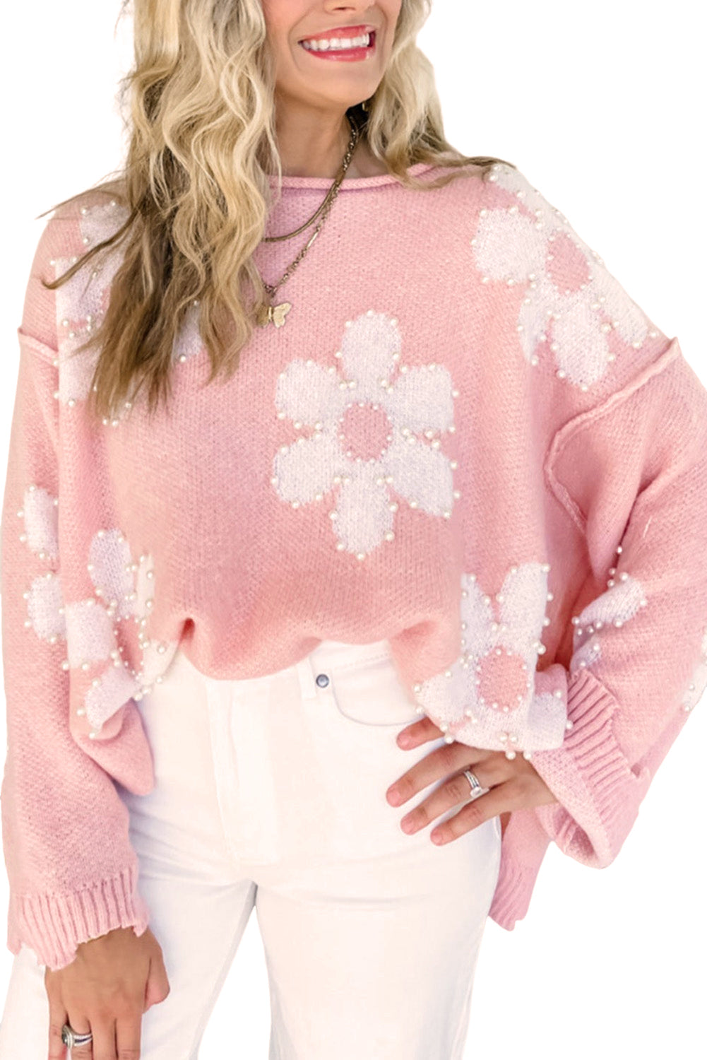 Bonbon Pearl Beaded Floral Drop Shoulder Sweater