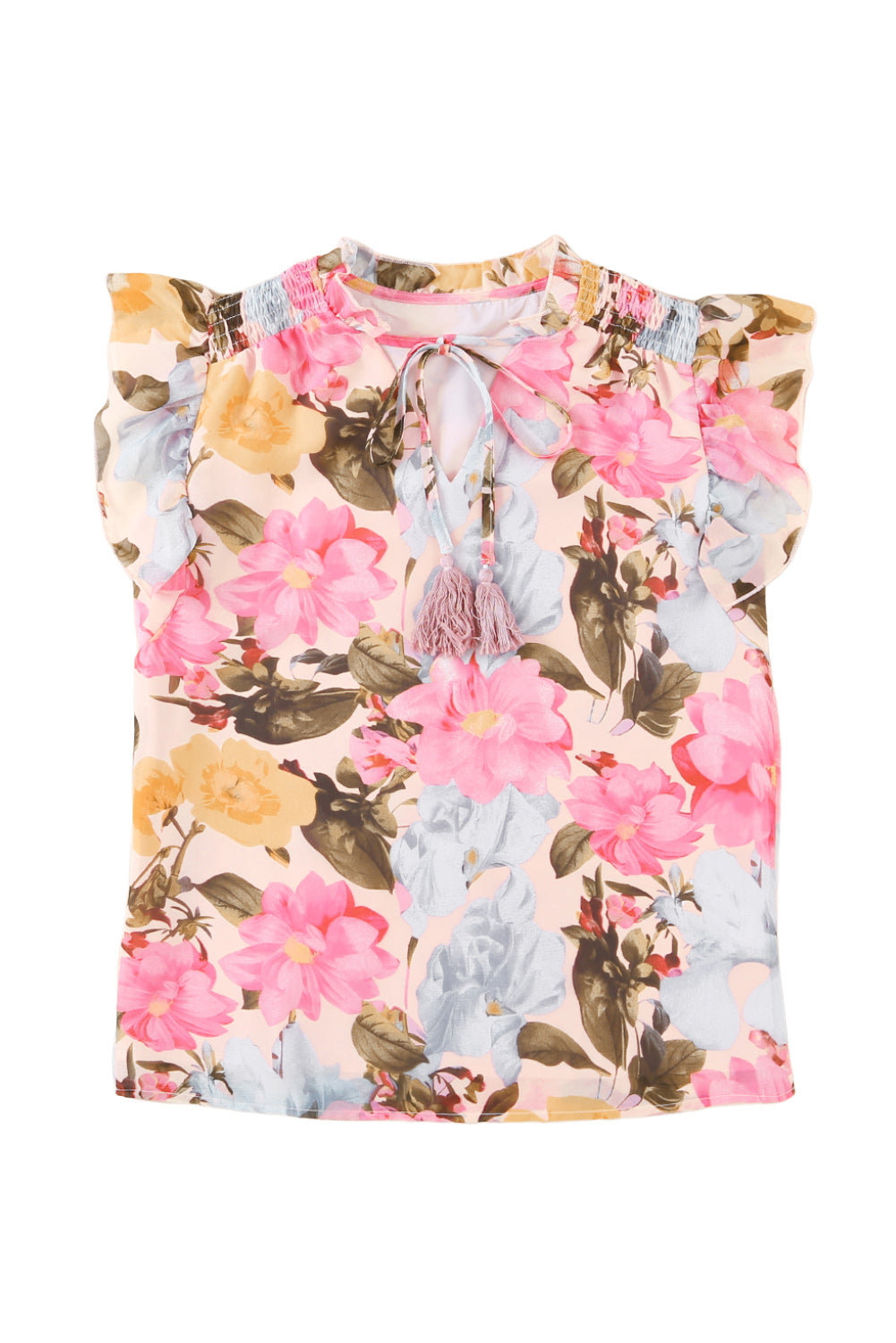 Floral Print Tassel Tie Short Sleeve Blouse