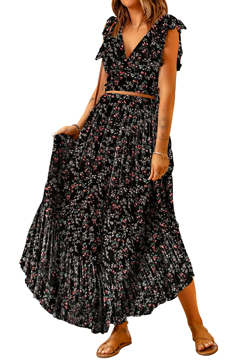 Multicolor Floral Ruffled Crop Top and Maxi Skirt Set