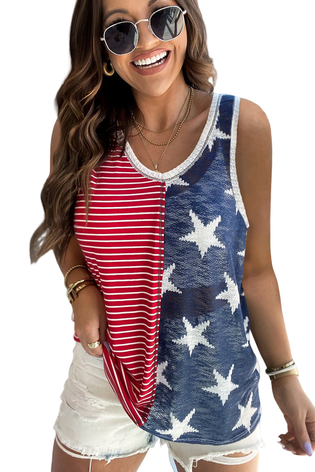 Multicolor Stripes Stars Print Knit Short Sleeves Top