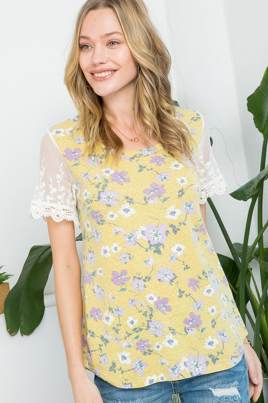 FLORAL EMBROIDERY LACE MIXED TOP