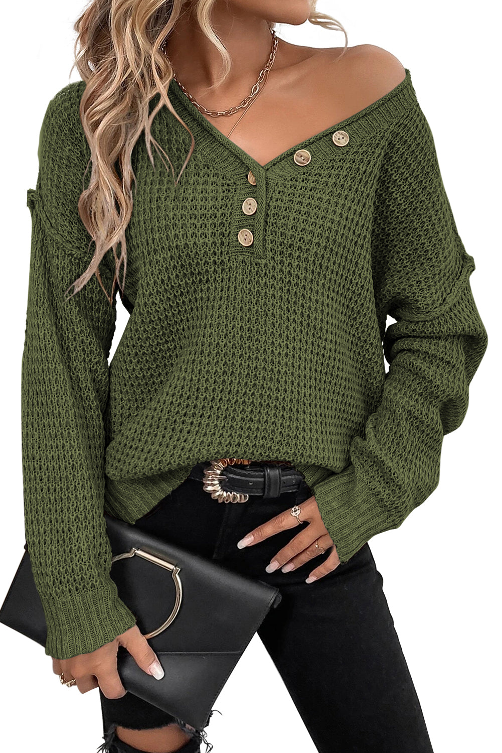 Pointelle Knit Button V Neck Drop Shoulder Sweater