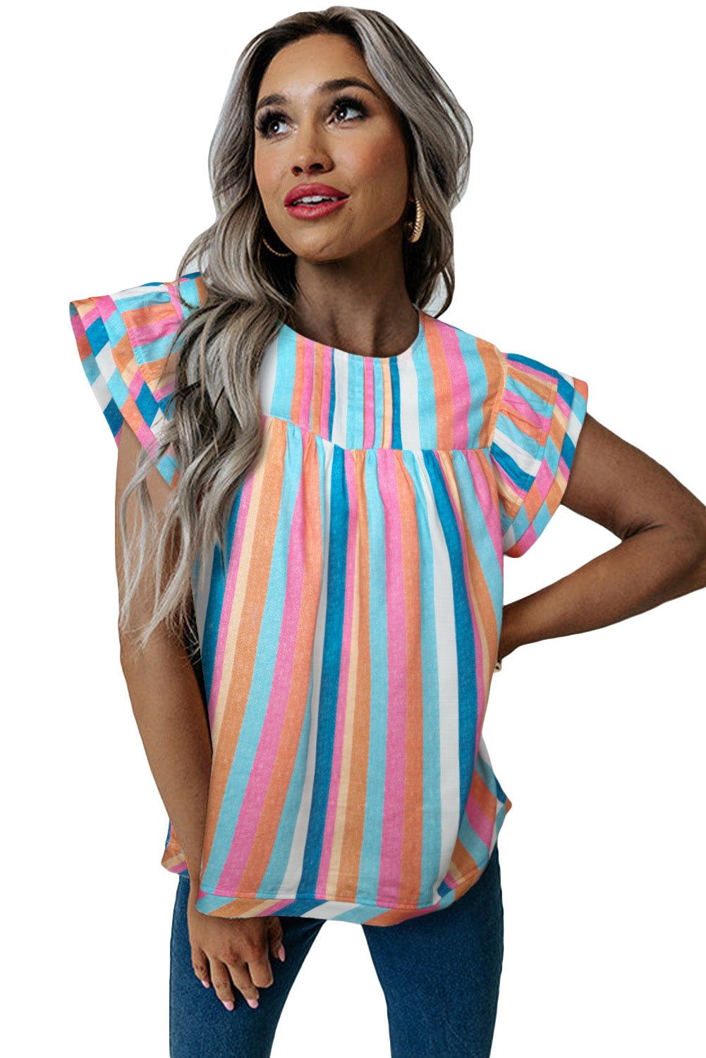 Multicolor Striped Tiered Ruffle Cap Sleeve Top