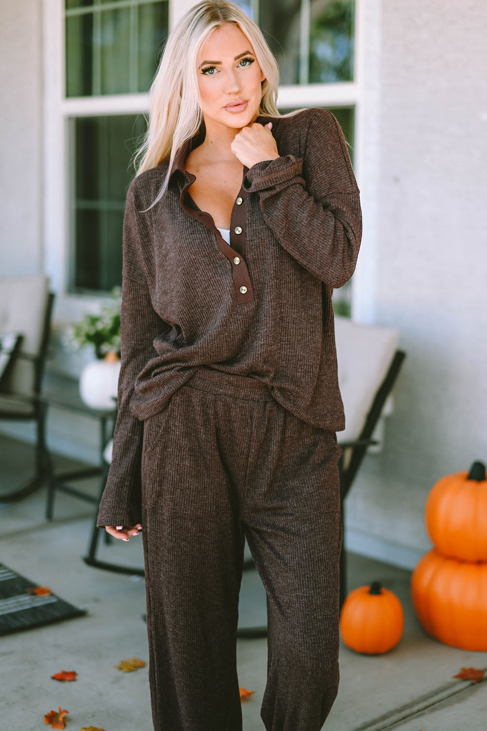 Green Ribbed Knit Collared Henley Top and Pants Lounge Outfit