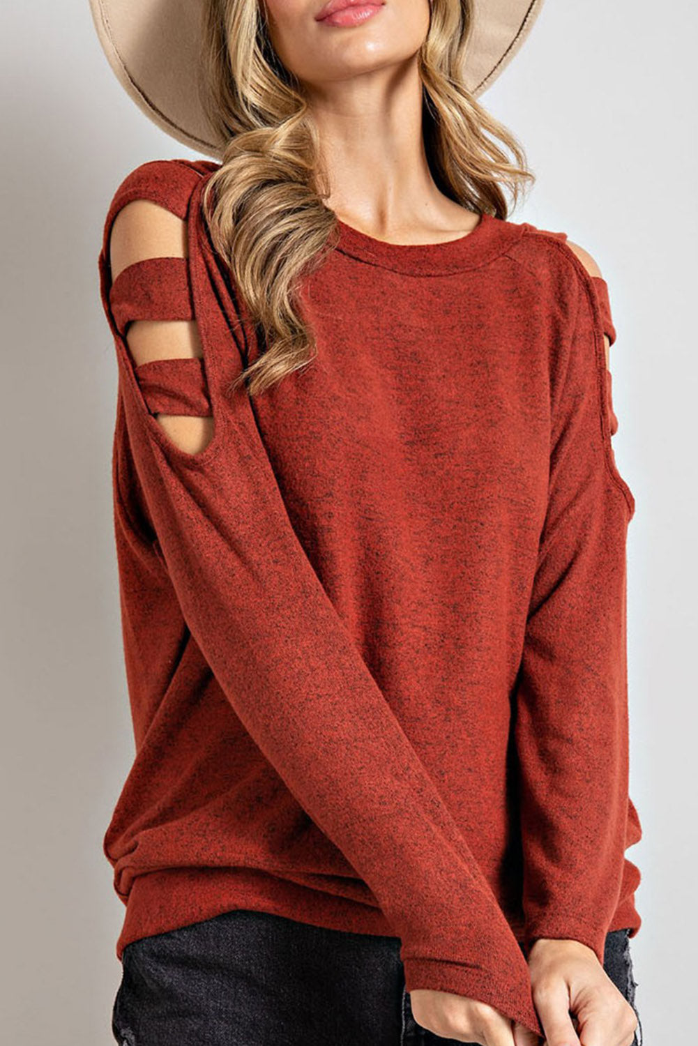 Burnt Orange Cutout Cold Shoulder Long Sleeve Top