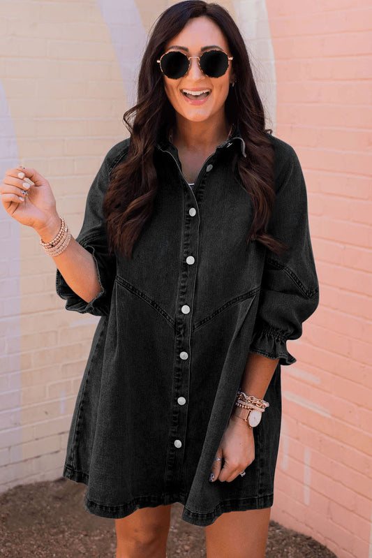 Buttoned Long Sleeve Denim Mini Dress