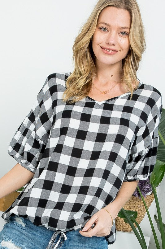 CHECKER PLAID CASUAL BLOUSE TOP