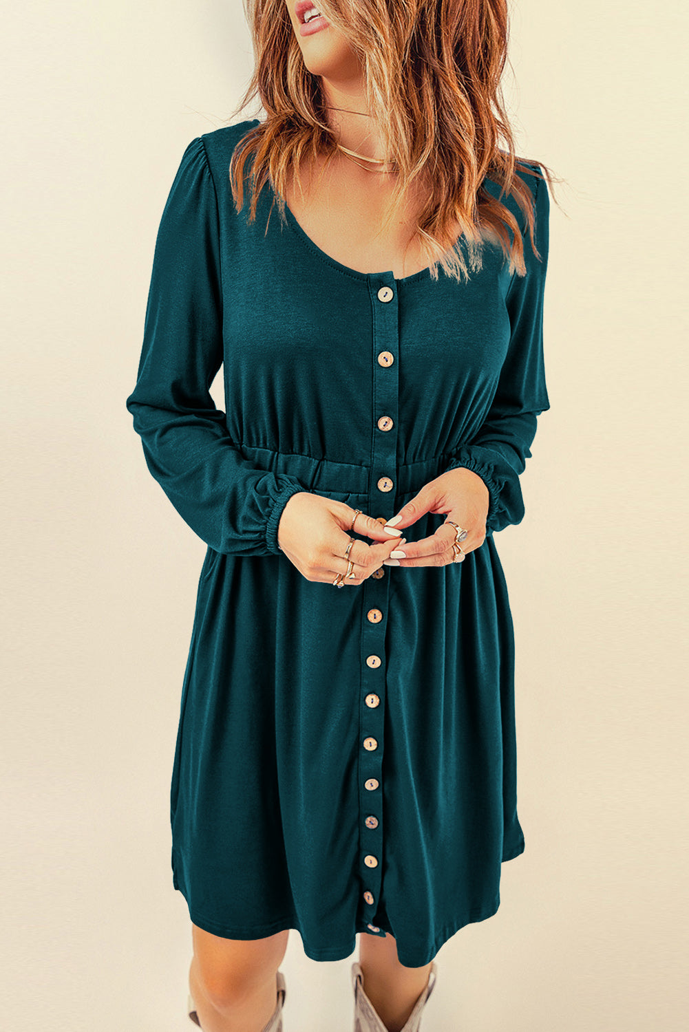 Button Up High Waist Long Sleeve Dress