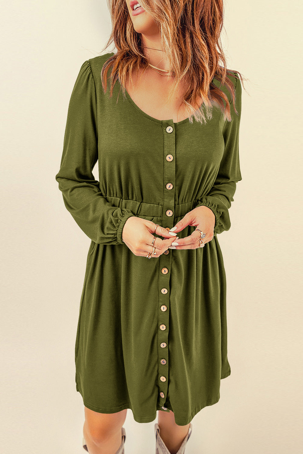 Button Up High Waist Long Sleeve Dress