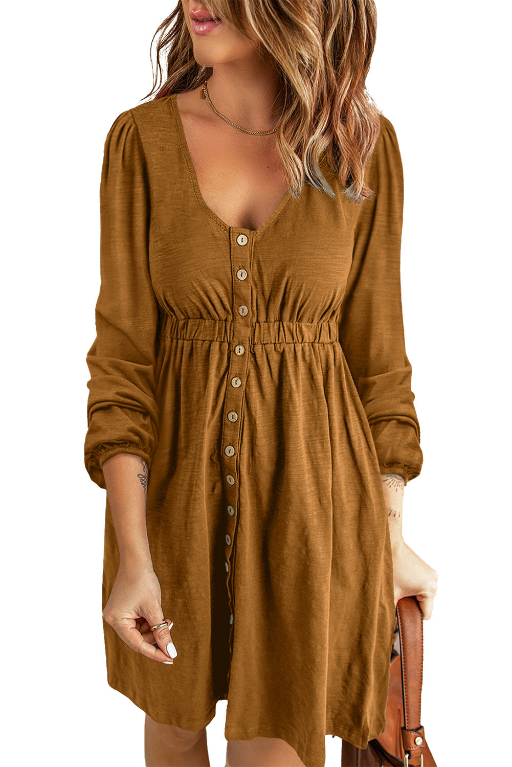 Button Up High Waist Long Sleeve Dress