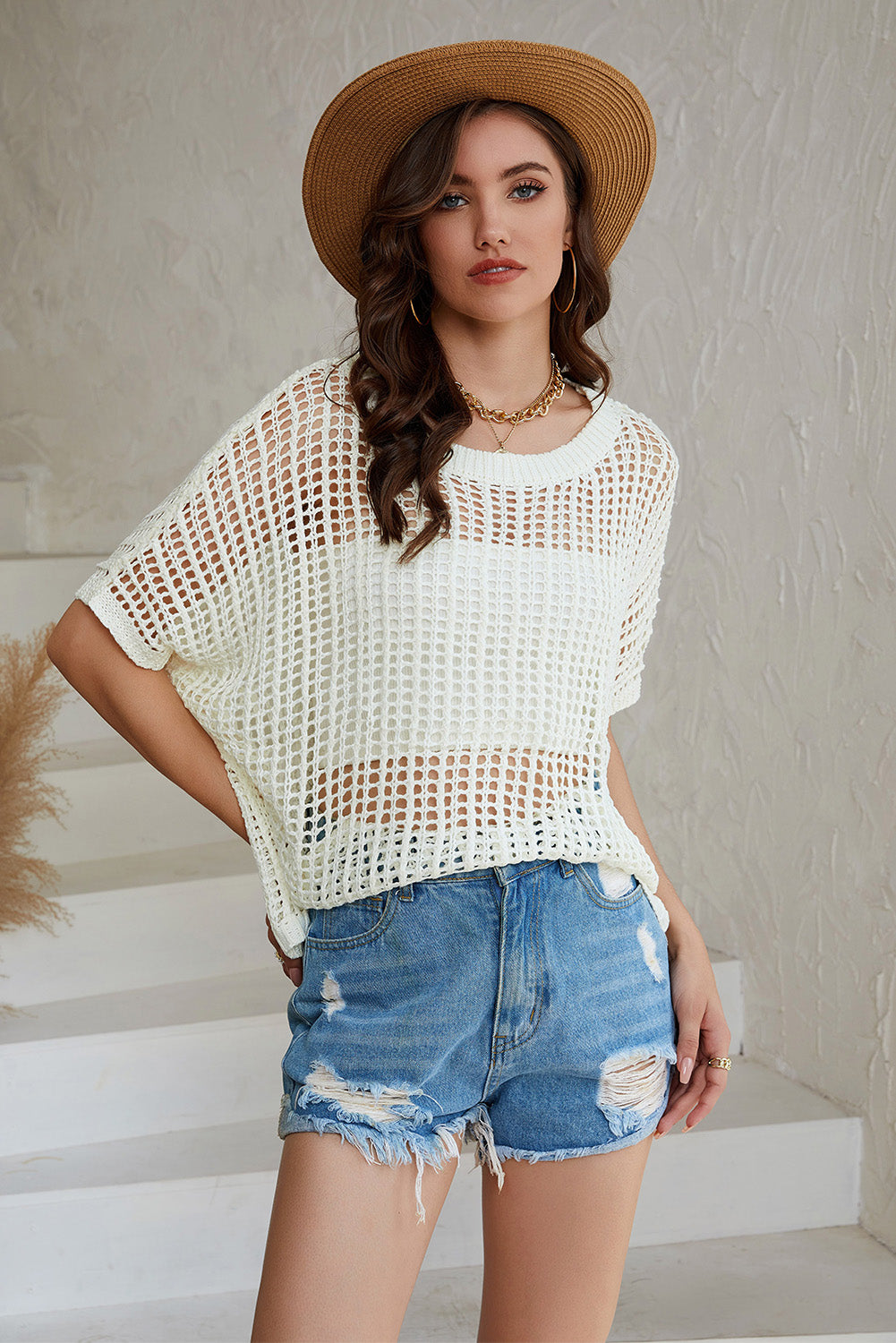 Apricot Fishnet Knit Ribbed Round Neck Short Sleeve Sweater Tee