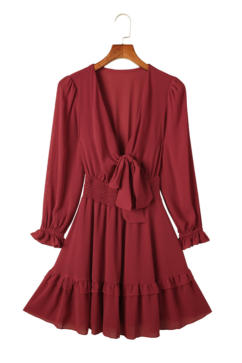 Burgundy Deep V Neck Lantern Sleeve Knotted Tiered Mini Dress