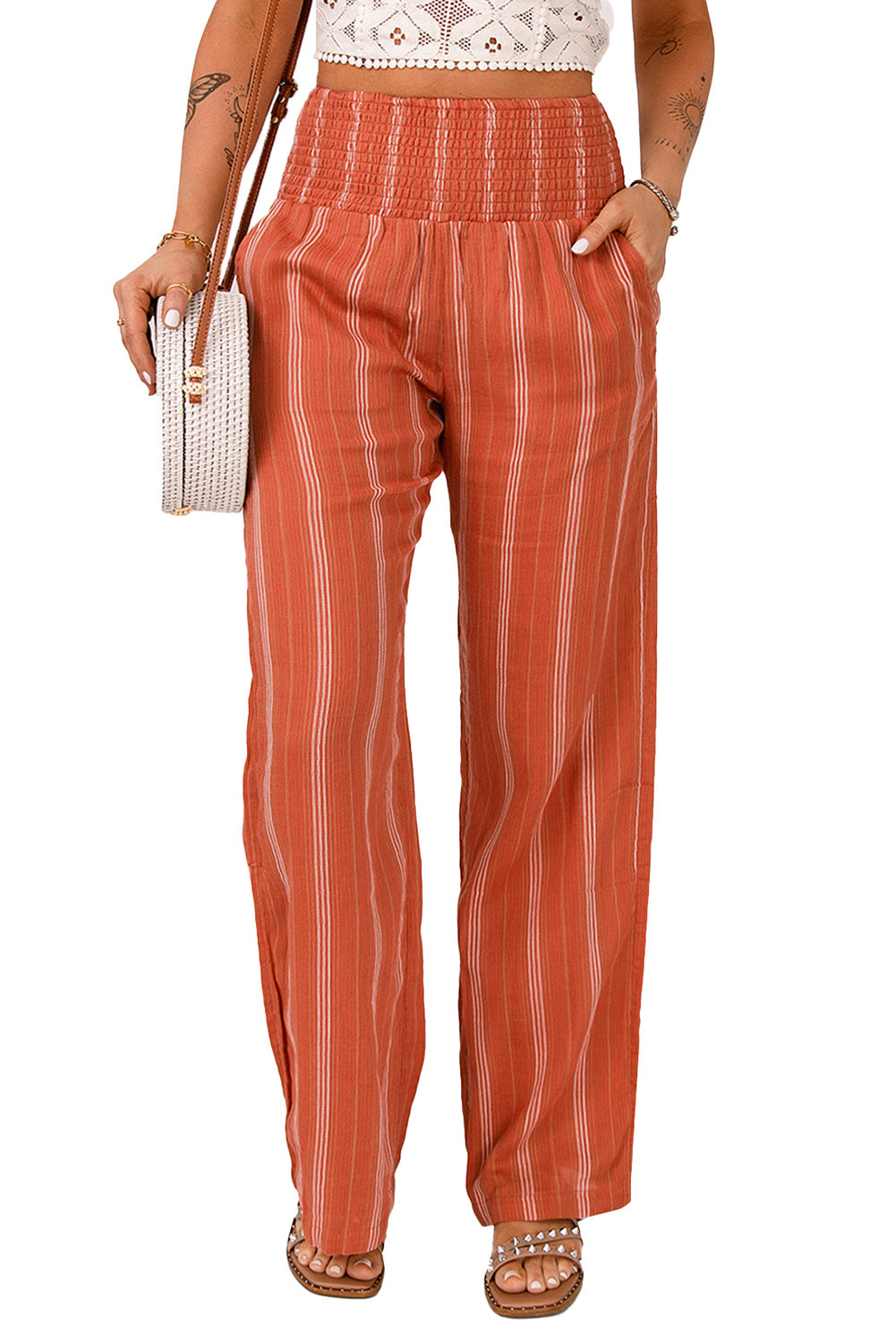 Striped Shirred High Waist Straight Leg Pants