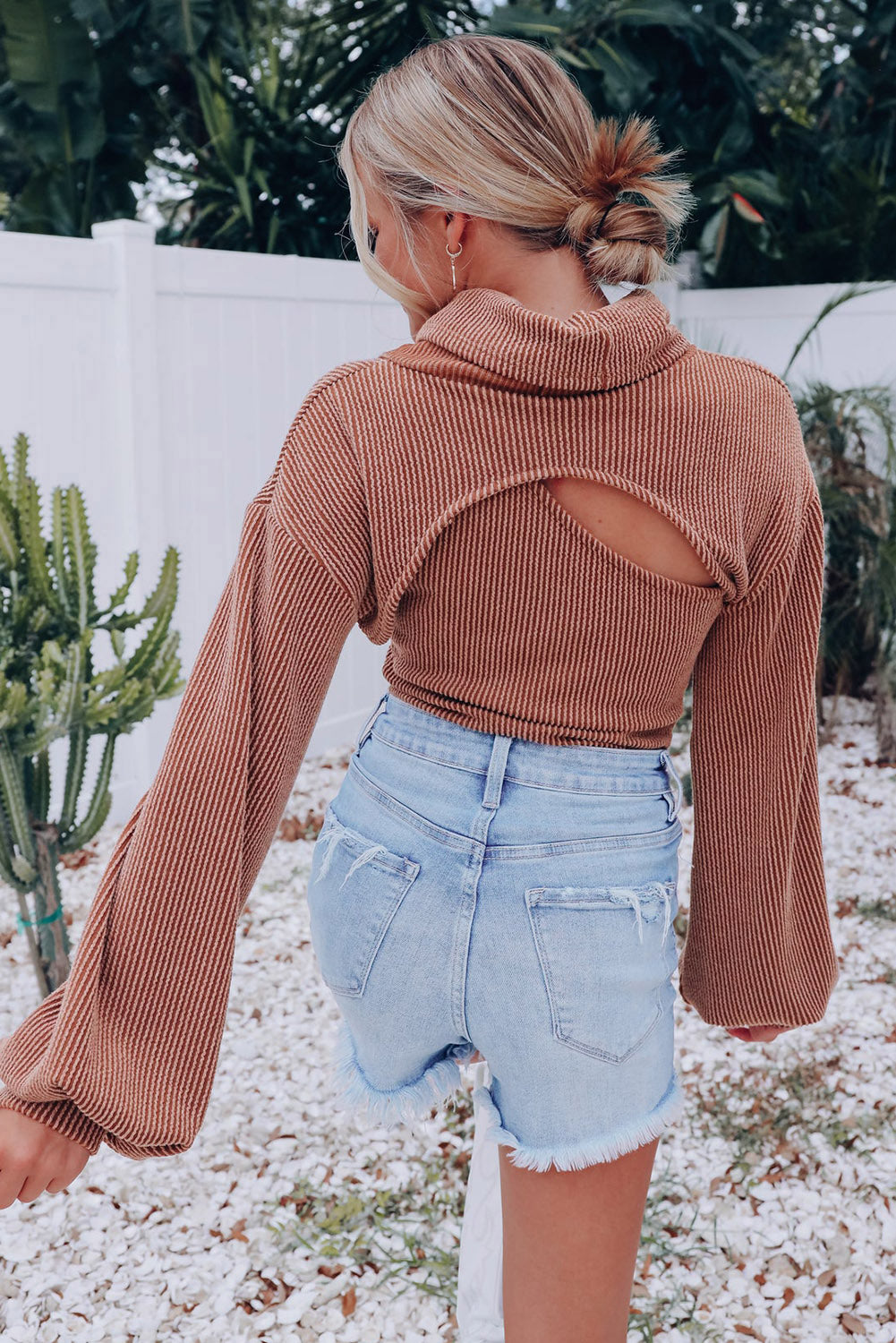 Brown Corded One Shoulder Tank with Puff Sleeve Bolero Set