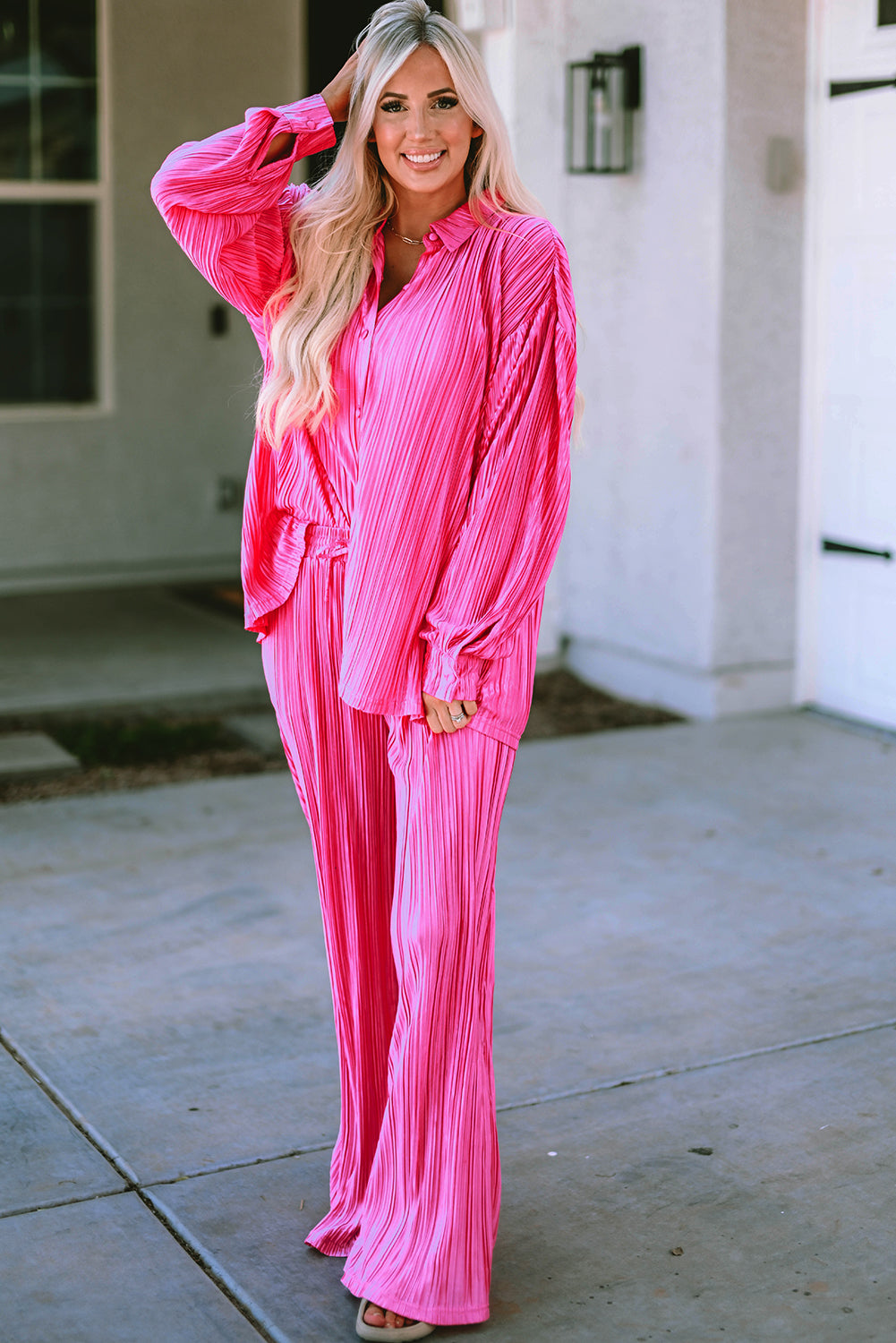 Pleated Long Sleeve Shirt and Wide-Leg Pants Set