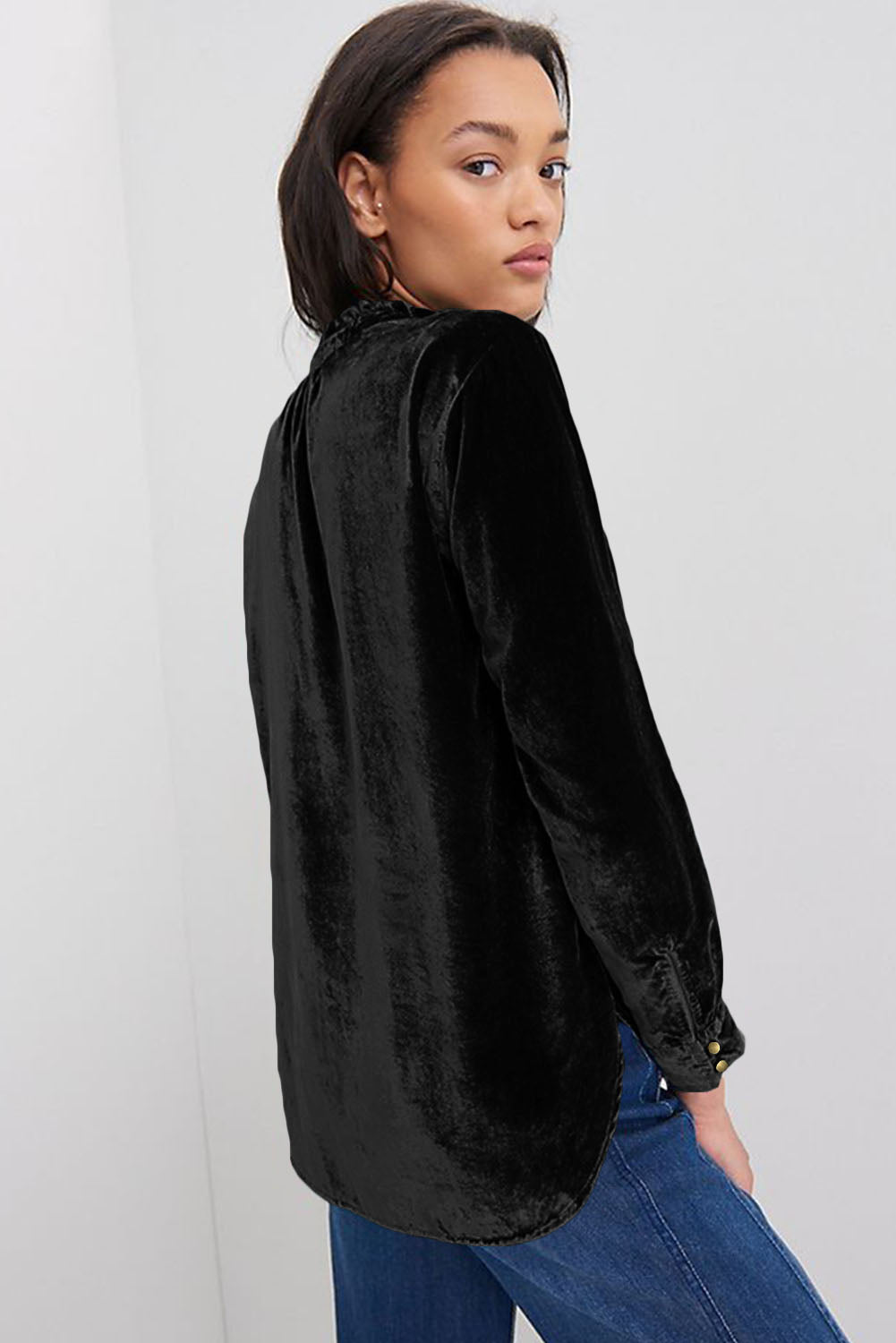 Biking Red Frilled Neck Buttoned Front Velvet Top