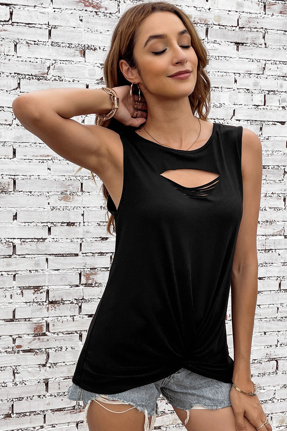 Laser Cut Slits Twist Front Tank Top