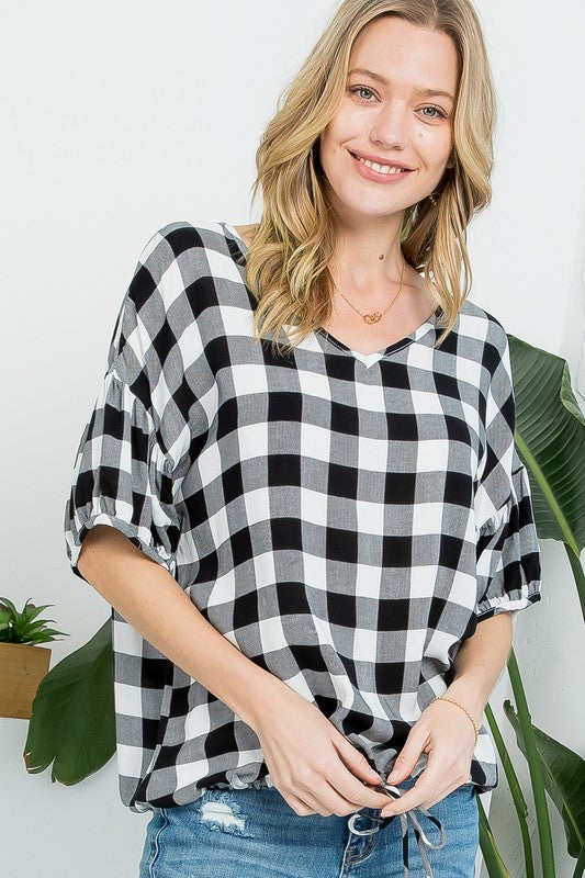 CHECKER PLAID CASUAL BLOUSE TOP