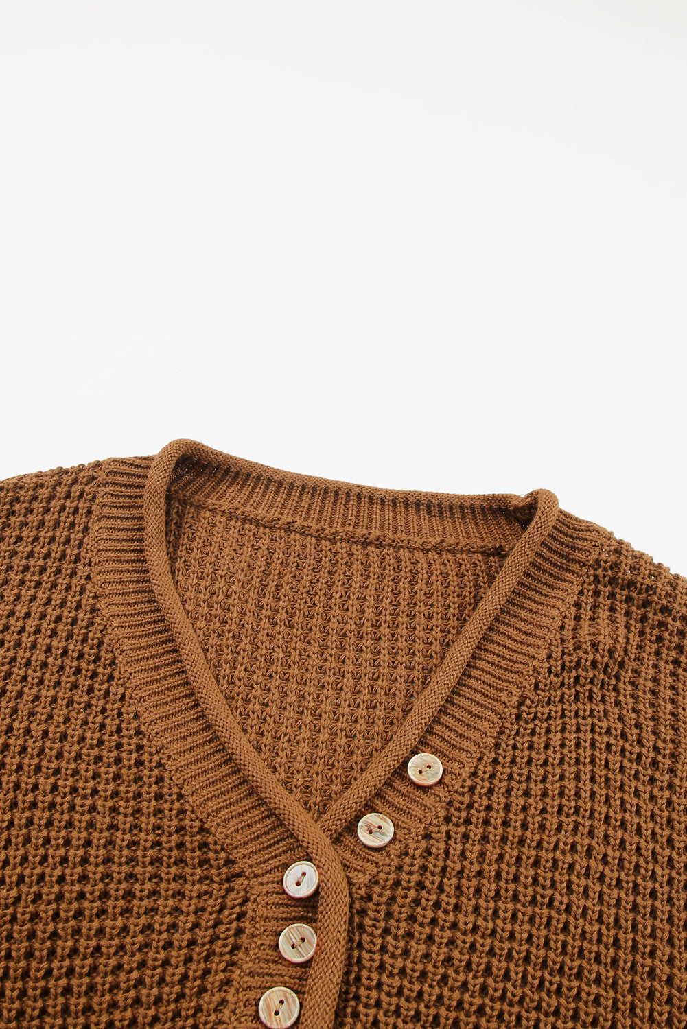 Pointelle Knit Button V Neck Drop Shoulder Sweater