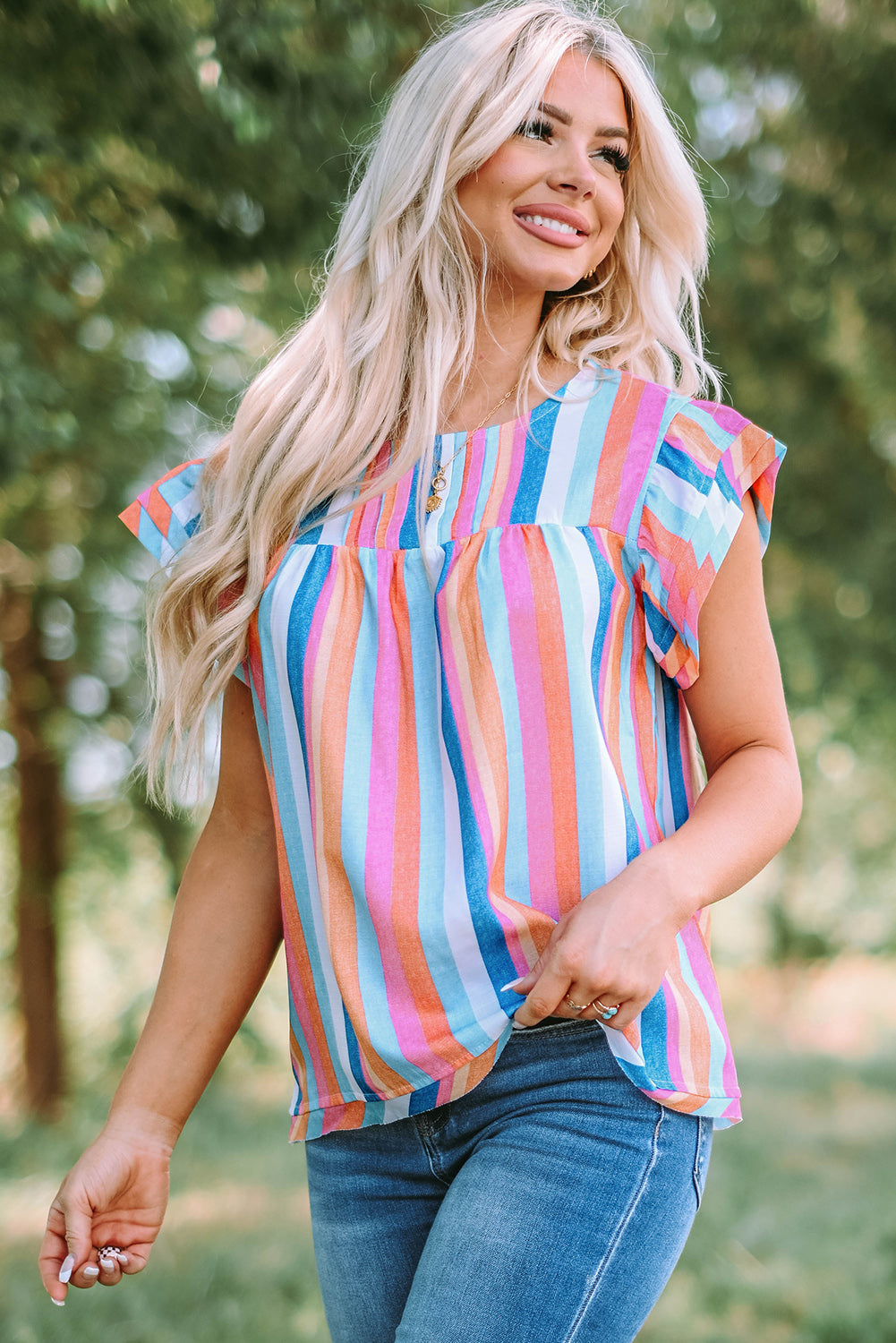 Multicolor Striped Tiered Ruffle Cap Sleeve Top